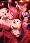  2girls absurdres animal_ears arm_up armpits bangs bare_shoulders blunt_bangs blush bow breasts cerberus_(shingeki_no_bahamut) cleavage closed_eyes collarbone dog_ears dress hairband hand_puppet highres irisato_nio jewelry lips long_hair looking_at_viewer medium_breasts megami midriff multiple_girls necklace nina_dragnot official_art one_eye_closed open_mouth pink_hair puppet red_bow red_dress red_eyes redhead scan shingeki_no_bahamut shingeki_no_bahamut:_genesis shingeki_no_bahamut:_virgin_soul short_hair skirt smile teeth twintails very_long_hair 