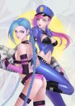  2girls absurdres alternate_costume ammunition ass black_boots black_gloves blue_hair boots braid earrings fingerless_gloves gloves green_eyes gun hat heart heart-shaped_pupils highres jewelry jinx_(league_of_legends) le_(huanglongen) league_of_legends leg_lift legband long_hair looking_at_viewer midriff multiple_girls navel officer_vi open_mouth pink_eyes pink_hair pink_legwear police_hat short_shorts shorts symbol-shaped_pupils tattoo thigh-highs twin_braids very_long_hair vi_(league_of_legends) weapon 