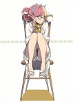  1girl alternate_costume bespectacled casual chair cup fate/grand_order fate_(series) glasses hair_ornament hair_up highres medb_(fate/grand_order) mug pink_hair sandals shimo_(s_kaminaka) sitting solo yellow_eyes 