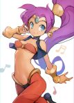  1girl ataruman bare_shoulders blue_eyes breasts choker cleavage dark_skin earrings forehead_jewel groin harem_pants highres hoop_earrings jewelry long_hair midriff musical_note navel o-ring_top pants pointy_ears ponytail purple_hair shantae_(character) shantae_(series) simple_background small_breasts smile solo under_boob vambraces vest white_background 