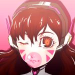  1girl bangs brown_hair bubble_blowing chewing_gum close-up d.va_(overwatch) face facial_mark headphones long_hair looking_at_viewer one_eye_closed overwatch pink_background pink_lips portrait sijia_wang simple_background solo swept_bangs whisker_markings 