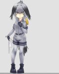  1girl arm_at_side bangs belt bird_tail black_gloves black_hair fingerless_gloves full_body gloves grey_background grey_hair grey_shirt grey_shorts hand_on_hip hand_up kemono_friends long_hair looking_at_viewer low_ponytail multicolored_hair necktie necktie_removed orange_hair shirt shoebill_(kemono_friends) short_sleeves shorts side_ponytail simple_background sman solo standing staring undressing white_necktie yellow_eyes 