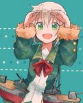  1girl blonde_hair bow bowtie fur_trim green_eyes green_jacket green_sailor_collar itomugi-kun jacket kantai_collection long_sleeves looking_at_viewer machinery open_mouth red_bow red_bowtie shimushu_(kantai_collection) short_hair solo upper_body 