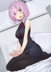  1girl :d bare_shoulders bed bed_sheet between_breasts black_dress black_legwear blush breasts commentary_request dress dutch_angle eyes_visible_through_hair fate_(series) hair_over_one_eye indoors medium_breasts monobe_tsukuri necktie necktie_between_breasts on_bed open_mouth pantyhose patting_lap pillow pink_hair red_necktie seiza shielder_(fate/grand_order) short_hair sitting sleeveless sleeveless_dress slit_pupils smile solo sweat tareme v_arms violet_eyes wing_collar 