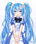  1girl alice_(wonderland) alice_(wonderland)_(cosplay) alice_in_wonderland blue_eyes blue_hair blush bow bowtie bunny_hair_ornament card cosplay cowboy_shot hair_ornament hatsune_miku highres long_hair looking_at_viewer open_mouth playing_card solo twintails very_long_hair vocaloid 