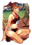  1girl ass bangs blush brown_hair buruma centaur cheetah day hairband highres looking_at_viewer midriff navel open_mouth original outdoors ponytail smile solo_focus sports_bikini sports_bra squatting tan tanline teeth thighs track_and_field track_uniform twinpoo violet_eyes 