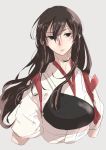  1girl akagi_(kantai_collection) brown_eyes brown_hair closed_mouth commentary expressionless hair_between_eyes hisaki_(morenabe) japanese_clothes kantai_collection long_hair looking_at_viewer muneate simple_background solo straight_hair tasuki upper_body 