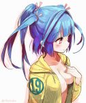  1girl blue_hair commentary hood hoodie i-19_(kantai_collection) kantai_collection looking_to_the_side naked_hoodie no_bra number simple_background solo star star-shaped_pupils suka symbol-shaped_pupils tri_tails twitter_username 