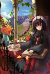  1girl ahoge animal_ears black_hair book book_on_lap cat_ears chains chair cup dalian dantalian_no_shoka drink eyebrows_visible_through_hair fake_animal_ears flower holding holding_cup lock looking_at_viewer medium_hair open_book open_mouth plant plate red_eyes sitting smile sola_(sola04) solo table tea teacup vase vines 