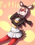  1girl absurdres atlantic_puffin_(kemono_friends) black_hair character_name eating feathered_wings feathers highres kemono_friends miniskirt multicolored_hair necktie open_mouth pantyhose pynha red_eyes redhead scarf skirt solo teeth white_hair wings 