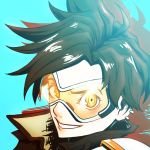  1girl :d blue_background bomber_jacket brown_eyes close-up collar ear_piercing face goggles jacket looking_at_viewer open_mouth overwatch piercing portrait sijia_wang simple_background smile solo spiky_hair tracer_(overwatch) 