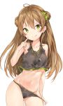  1girl bare_arms black_panties bow brown_hair contrapposto cowboy_shot double_bun girls_frontline green_bow green_eyes hair_bow highres jewelry licking_lips long_hair looking_at_viewer navel panties panty_pull pendant rfb_(girls_frontline) silver_(chenwen) simple_background smile solo stomach tank_top tongue tongue_out underwear white_background 