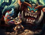  black_eyes boomerang gnar_(league_of_legends) hatiue_(hachi) league_of_legends loincloth no_humans open_mouth outdoors skull_helmet standing yellow_eyes yordle 