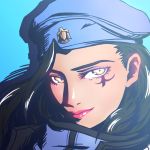  1girl ana_(overwatch) artist_request beret black_hair blue_background brown_eyes captain_amari close-up dark_skin face facial_tattoo hat lipstick looking_at_viewer makeup overwatch portrait red_lipstick sijia_wang simple_background solo tattoo younger 