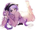  1girl absurdres armlet ass barefoot bracelet breasts cleavage dress euryale eyelashes fate/grand_order fate_(series) feet frilled_hairband full_body hatahata_p_(taritari1648) highres jewelry large_breasts legs_up long_hair looking_at_viewer lying on_stomach purple_hair ring simple_background sleeveless sleeveless_dress soles solo the_pose toes violet_eyes white_background 