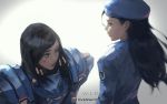  2girls ana_(overwatch) beret black_hair captain_amari copyright_name dark_skin hat logo mother_and_daughter multiple_girls overwatch pharah_(overwatch) power_armor smile time_paradox wlop younger 