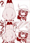  ... 2girls 2koma :d ? animal_ears bangs bare_shoulders black_eyes black_gloves black_hair bow bowtie bucket_hat comic elbow_gloves emphasis_lines eyebrows_visible_through_hair gloves hair_between_eyes hands_up hat hat_feather hiyoko_(chick&#039;s_theater) kaban_(kemono_friends) kemono_friends looking_at_another monochrome multiple_girls open_mouth print_gloves red_shirt serval_(kemono_friends) serval_ears serval_print shirt short_hair short_sleeves simple_background sleeveless sleeveless_shirt smile solid_oval_eyes spoken_ellipsis spoken_question_mark surprised sweat sweating_profusely translation_request upper_body v-neck wavy_hair white_background 
