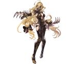  1girl blonde_hair bodysuit boots bow breasts center_opening claw_(weapon) cleavage curly_hair full_body gloves granblue_fantasy grey_eyes high_heel_boots high_heels long_hair low_twintails mask minaba_hideo predator_(granblue_fantasy) solo transparent_background twintails weapon 