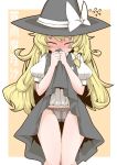  1girl black_panties blush blush_stickers full-face_blush hat kirisame_marisa lace lace_panties lifted_by_self long_hair messy_hair panties skirt skirt_lift solo sweat tears thigh_gap touhou underwear witch_hat zannen_na_hito 