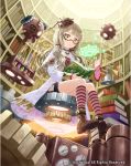  1girl blonde_hair blush book boots cardfight!!_vanguard coat company_name cup full_body gears glasses jewelry long_hair low_twintails miniskirt necklace official_art sitting skirt solo steam_maiden_mesh-kia tadokoro_teppei teacup twintails yellow_eyes 