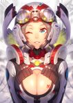  1girl blue_eyes breasts brown_hair cleavage cleavage_cutout goggles goggles_on_head helmet looking_at_viewer mecha mechanical ogino_(oginogino) one_eye_closed original parted_lips smile solo 