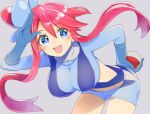  1girl :d bent_over blue_eyes blush breasts fuuro_(pokemon) gloves gym_leader hair_bun hair_ornament hand_on_hip kimitoshiin large_breasts looking_at_viewer midriff navel open_mouth pilot_suit poke_ball pokemon pokemon_(game) pokemon_bw redhead salute shorts smile solo suspenders 