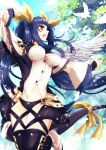  1girl animal asymmetrical_wings belt bird blue_hair bow breasts buttons capelet choker cowboy_shot day dizzy feathers guilty_gear guilty_gear_xrd hair_rings hands_up high_heels large_breasts leg_up long_hair naga_(pixiv) navel one_leg_raised open_mouth outdoors outstretched_arm ribbon senba_(the_8th) sky smile standing standing_on_one_leg tail tail_bow tail_ribbon thigh-highs wings yellow_eyes 