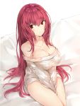  1girl bare_shoulders breasts cleavage collarbone eyebrows_visible_through_hair fate/grand_order fate_(series) highres large_breasts long_hair looking_at_viewer raised_eyebrows red_eyes redhead ribbed_sweater scathach_(fate/grand_order) silver_(chenwen) sitting solo sweater thighs turtleneck turtleneck_sweater v_arms very_long_hair 