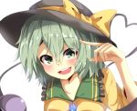  1girl blurry blush bow depth_of_field eyebrows_visible_through_hair green_eyes green_hair hair_between_eyes hat hat_bow heart heart_of_string komeiji_koishi looking_at_viewer neko_pachi open_mouth simple_background smile solo third_eye touhou upper_body white_background 