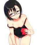  1girl bangs black-framed_eyewear black_hair black_panties brown_eyes camisole closed_mouth collarbone cup eyebrows_visible_through_hair glasses gluteal_fold holding holding_cup ichihaya leaning_forward lingerie looking_at_viewer mug original panties short_hair simple_background solo strap_slip thick_thighs thigh_gap thighs underwear white_background 