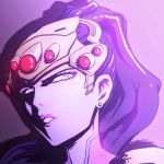  1girl close-up face from_below head_mounted_display lipstick long_hair looking_at_viewer looking_down makeup overwatch ponytail portrait purple_background purple_hair purple_lipstick purple_skin sijia_wang simple_background solo widowmaker_(overwatch) yellow_eyes 