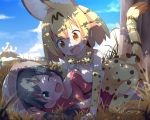  &gt;:d 2girls :d ;d all_fours animal_ears bare_shoulders black_gloves black_hair blonde_hair blue_sky blush breast_press breasts clouds commentary dappled_sunlight elbow_gloves fang gloves grass green_eyes hat hat_feather kaban_(kemono_friends) kemono_friends lying makuran medium_breasts mountain multiple_girls on_ground one_eye_closed open_mouth print_bowtie print_gloves print_legwear print_skirt red_shirt sandstar serval_(kemono_friends) serval_ears serval_print serval_tail shade shirt short_hair skirt sky sleeveless sleeveless_shirt smile straddling striped_tail sunlight tail thigh-highs tree under_tree white_shirt yellow_eyes 