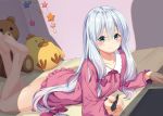  1girl :t bangs bao_nuan barefoot bedroom blue_eyes blush closed_mouth collarbone eromanga_sensei error frills hair_between_eyes highres holding izumi_sagiri long_hair long_sleeves looking_at_viewer low-tied_long_hair lying no_pants on_bed on_side on_stomach pajamas pout shiny shiny_hair silver_hair soles solo stuffed_animal stuffed_chicken stuffed_toy stylus tablet teddy_bear thighs 