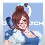  :d absurdres artist_name bad_perspective beads black-framed_eyewear blue_gloves blue_shirt breasts brown_eyes brown_hair cleavage copyright_name glasses gloves hair_bun hair_ornament hair_stick highres holding holding_weapon large_breasts looking_at_viewer mei_(overwatch) open_mouth overwatch shirt short_hair smile tank_top tanuki_(675252682) upper_body weapon 