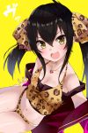  &gt;:d 1girl :d animal_print bangs black_hair blush breasts cleavage collarbone eyebrows_visible_through_hair gomashi_(goma) hair_between_eyes heart heart_necklace highres idolmaster idolmaster_cinderella_girls legs_together leopard_print long_hair looking_at_viewer matoba_risa midriff navel open_mouth panties self_shot sidelocks simple_background sitting small_breasts smile solo sweatdrop thighs twintails underwear yellow_background yellow_eyes 