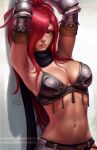  1girl armor armpits arms_up belt breasts cleavage erza_knightwalker fairy_tail gauntlets hair_over_one_eye highres long_hair looking_at_viewer medium_breasts mirco_cabbia navel red_eyes redhead scar scarf solo tan 
