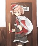  1girl adapted_costume belt bike_shorts bobblehat bow buttons capelet carrying_over_shoulder chibirisu collared_shirt commentary_request door fur_trim gloves hair_ornament hat highres indoors kantai_collection looking_at_viewer name_tag neck_ribbon over_shoulder pink_hair red_gloves red_ribbon ribbon sack santa_hat shiranui_(kantai_collection) shirt short_ponytail shorts_under_skirt solo tears twitter_username vest waistcoat 