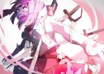  1girl belt female gloves glowing glowing_eyes impaled kirameki_mamika magical_girl open_mouth pink_eyes pink_hair re:creators screaming short_hair sketch spoilers stabbed sword twintails wand weapon white_background white_gloves 