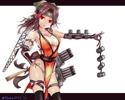  1girl alternate_eye_color artist_name bangs bare_shoulders black_gloves black_legwear breasts brown_hair burning_eye cleavage contrapposto depth_charge elbow_gloves fan folding_fan franz_(217franz) fundoshi gloves glowing glowing_eye hand_on_hip headband japanese_clothes jintsuu_(kantai_collection) kantai_collection large_breasts letterboxed long_hair obi panties parted_bangs parted_lips pelvic_curtain red_eyes remodel_(kantai_collection) revealing_clothes sash side-tie_panties side_slit simple_background smirk solo thigh-highs thigh_strap torpedo twitter_username underwear 