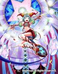  1girl blue_hair cardfight!!_vanguard company_name facial_tattoo full_body green_eyes hat high_heels jester_cap midriff munakata navel official_art open_mouth short_hair star tattoo teeth thigh-highs unicycle unicycle_tumbler 