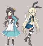  2girls ahoge alice_(wonderland) alice_(wonderland)_(cosplay) alice_in_wonderland apron black_hair blonde_hair blue_dress boots bow bowtie cosplay cross-laced_footwear dress elbow_gloves full_body gloves green_eyes grey_background hair_bow hair_ribbon hand_on_hip high_heels highleg highleg_panties kantai_collection long_hair microskirt multicolored_hair multiple_girls naganami_(kantai_collection) nagasioo navel panties pink_hair pleated_skirt pocket_watch ribbon shimakaze_(kantai_collection) skirt standing standing_on_one_leg striped striped_legwear thigh-highs two-tone_hair underwear very_long_hair violet_eyes watch white_gloves white_rabbit white_rabbit_(cosplay) zettai_ryouiki 