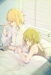  2girls _ul bed bed_sheet blonde_hair cellphone closed_eyes eyebrows_visible_through_hair green_hair gumi head_on_shoulder highres holding_arm kagamine_rin leaning_on_person lying multiple_girls on_side open_mouth parted_lips phone pillow shirt short_hair shutter sidelocks sleeping sleepwear sleepy unbuttoned unbuttoned_shirt vocaloid waking_up wavy_mouth yawning yuri 