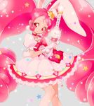  1girl animal_ears cake_hair_ornament choker cowboy_shot cure_whip earrings extra_ears food food_themed_hair_ornament fruit gloves hair_ornament highres jewelry kirakira_precure_a_la_mode long_hair looking_at_viewer magical_girl pink_eyes pink_hair precure puffy_short_sleeves puffy_sleeves rabbit_ears short_sleeves skirt smile solo star strawberry tail thigh-highs twintails usami_ichika wand white_gloves yukiumisaka 
