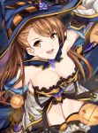  1girl alternate_costume beatrix_(granblue_fantasy) breasts brown_eyes brown_hair cleavage detached_sleeves dress granblue_fantasy hat highres large_breasts long_hair looking_at_viewer looking_up ponytail pumpkin shirokuro_(shirokuro-1999) solo strapless strapless_dress witch_hat 