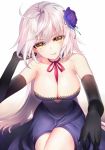  1girl ahoge bangs black_gloves blue_dress blue_flower breasts cleavage dress elbow_gloves eyebrows_visible_through_hair fate/grand_order fate_(series) flower gloves gradient gradient_background hair_flower hair_ornament jeanne_alter large_breasts lips long_hair looking_at_viewer mimosa neck_ribbon parted_lips pink_ribbon ribbon ruler_(fate/apocrypha) silver_hair slender_waist smile solo thighs yellow_eyes 