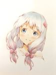  1girl blue_eyes blush bow collarbone colored_pencil_(medium) commentary_request eromanga_sensei eyebrows_visible_through_hair face hair_bow hair_ribbon highres izumi_sagiri long_hair looking_at_viewer pink_bow pink_ribbon portrait ribbon shirt silver_hair simple_background smile solo to_ufu@to_ufu traditional_media 