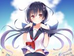  1girl arms_at_sides bangs black_hair black_skirt blue_sky blurry blush brown_eyes c: closed_mouth clouds cloudy_sky collarbone day depth_of_field eyebrows_visible_through_hair hair_between_eyes hands_up holding holding_hair kazu_kakao long_hair looking_at_viewer low_twintails original outdoors pleated_skirt school_uniform serafuku short_sleeves skirt sky smile solo twintails upper_body 