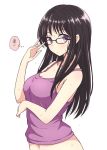  1girl adjusting_glasses bare_shoulders black_hair character_request copyright_request eyebrows_visible_through_hair glasses hot long_hair looking_at_viewer mel_(melty_pot) navel solo sweat sweatdrop thought_bubble translated violet_eyes 