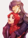  1boy 1girl armor black_armor blue_hair closed_eyes couple fire_emblem fire_emblem:_fuuin_no_tsurugi gale gauntlets gem grey_background happy headband hetero hug hug_from_behind lips long_hair looking_at_another looking_up lotter75 miledy pauldrons red_armor red_eyes redhead short_hair simple_background smile teeth 