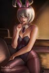  1girl bare_shoulders battle_bunny_riven blue_eyes breast_squeeze breasts bunnysuit cleavage couch detached_collar embers highres hoo_bamon league_of_legends looking_at_viewer medium_breasts pantyhose short_hair sitting solo thumb_to_mouth white_hair 